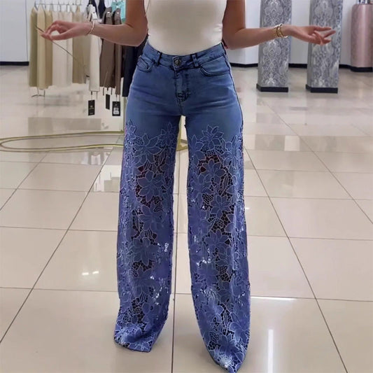 High-waisted floral cutout wide-leg jeans