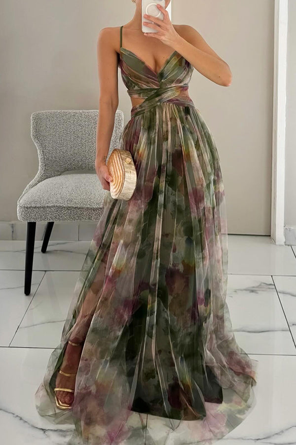 Women's Maxi dress multicolor with thin straps flowy V-neckline