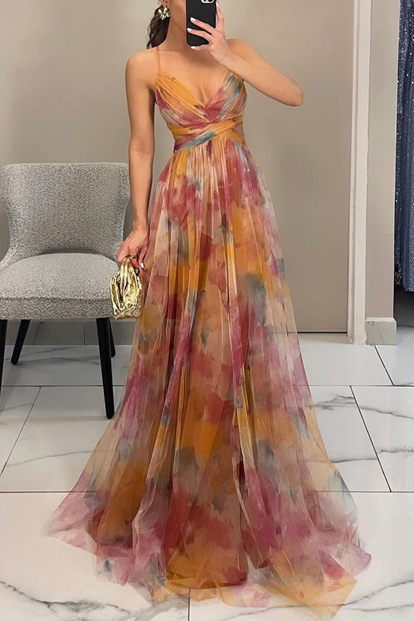 Women's Maxi dress multicolor with thin straps flowy V-neckline