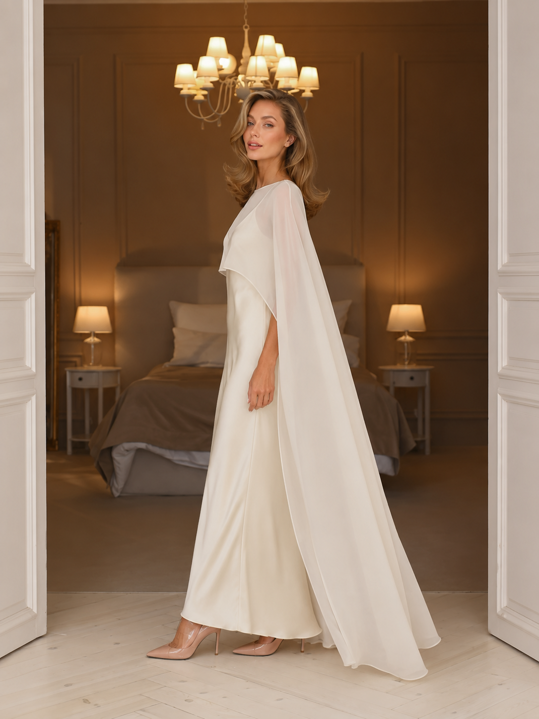 Vestido lencero marfil con capa fluida