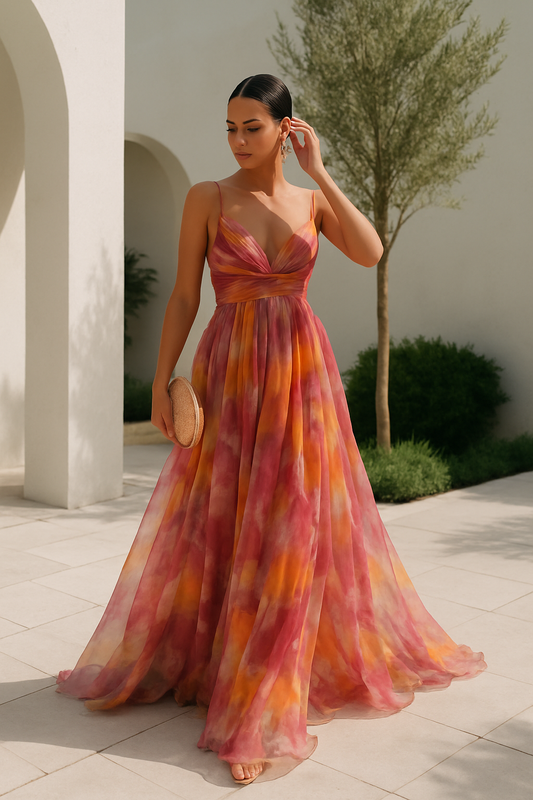 Women's Maxi dress multicolor with thin straps flowy V-neckline