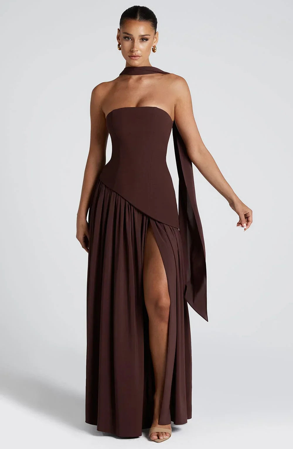 Elizabeth - Vestido largo corsé sin tirantes con pañuelo y abertura lateral