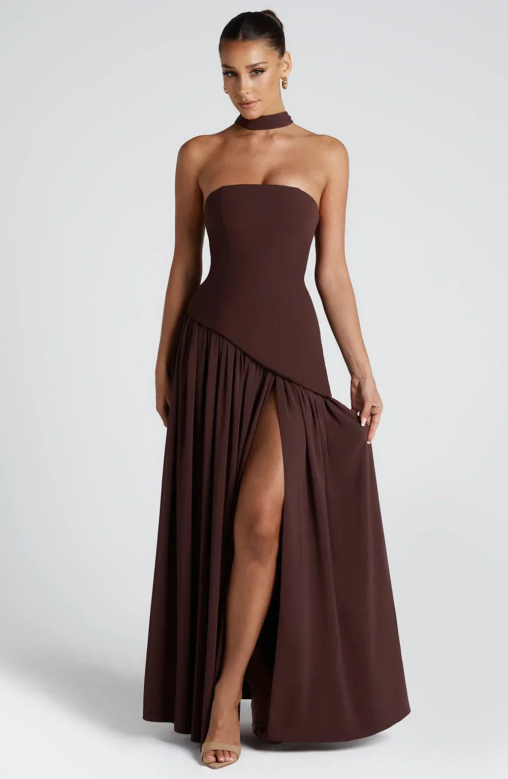 Elizabeth - Vestido largo corsé sin tirantes con pañuelo y abertura lateral
