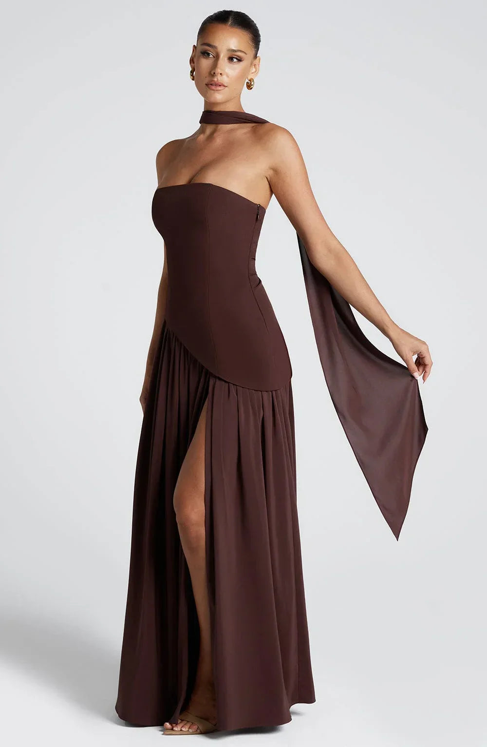 Elizabeth - Vestido largo corsé sin tirantes con pañuelo y abertura lateral